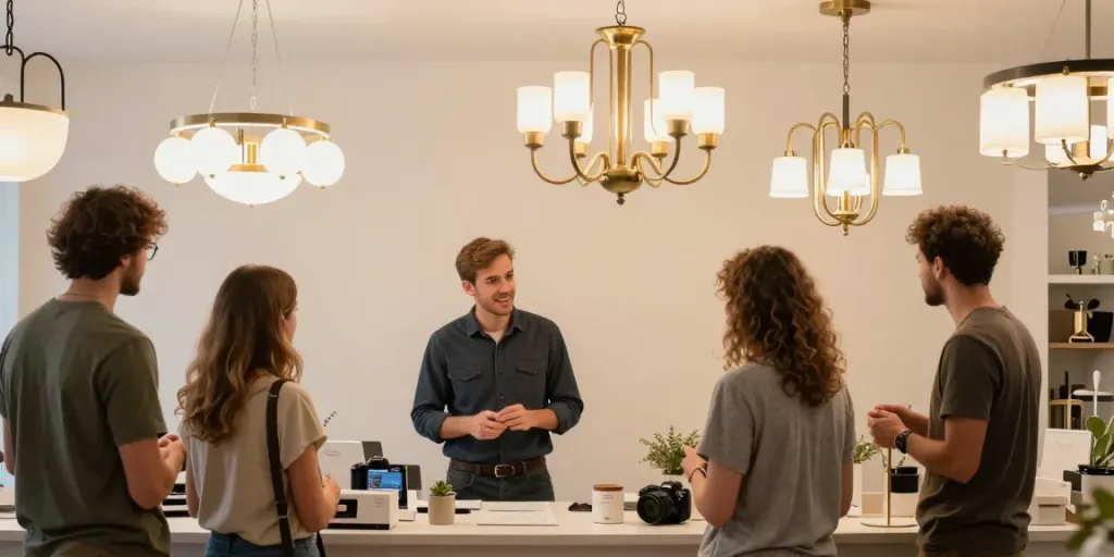 Lustra living modernă expusă într-un showroom local oferind servicii de calitate.
