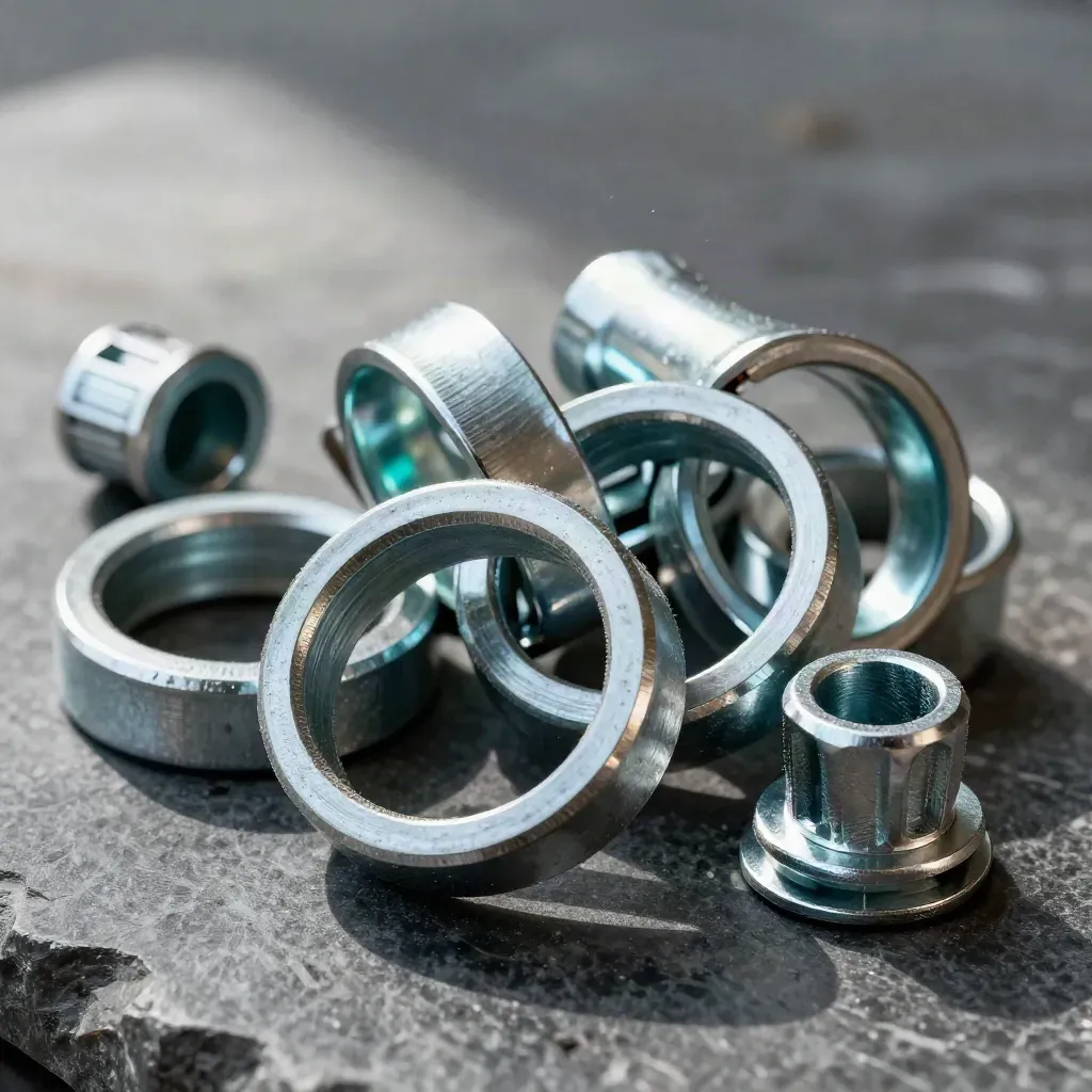 Galvanized conduit rings, cable lugs, shims and spacer block on dark stone