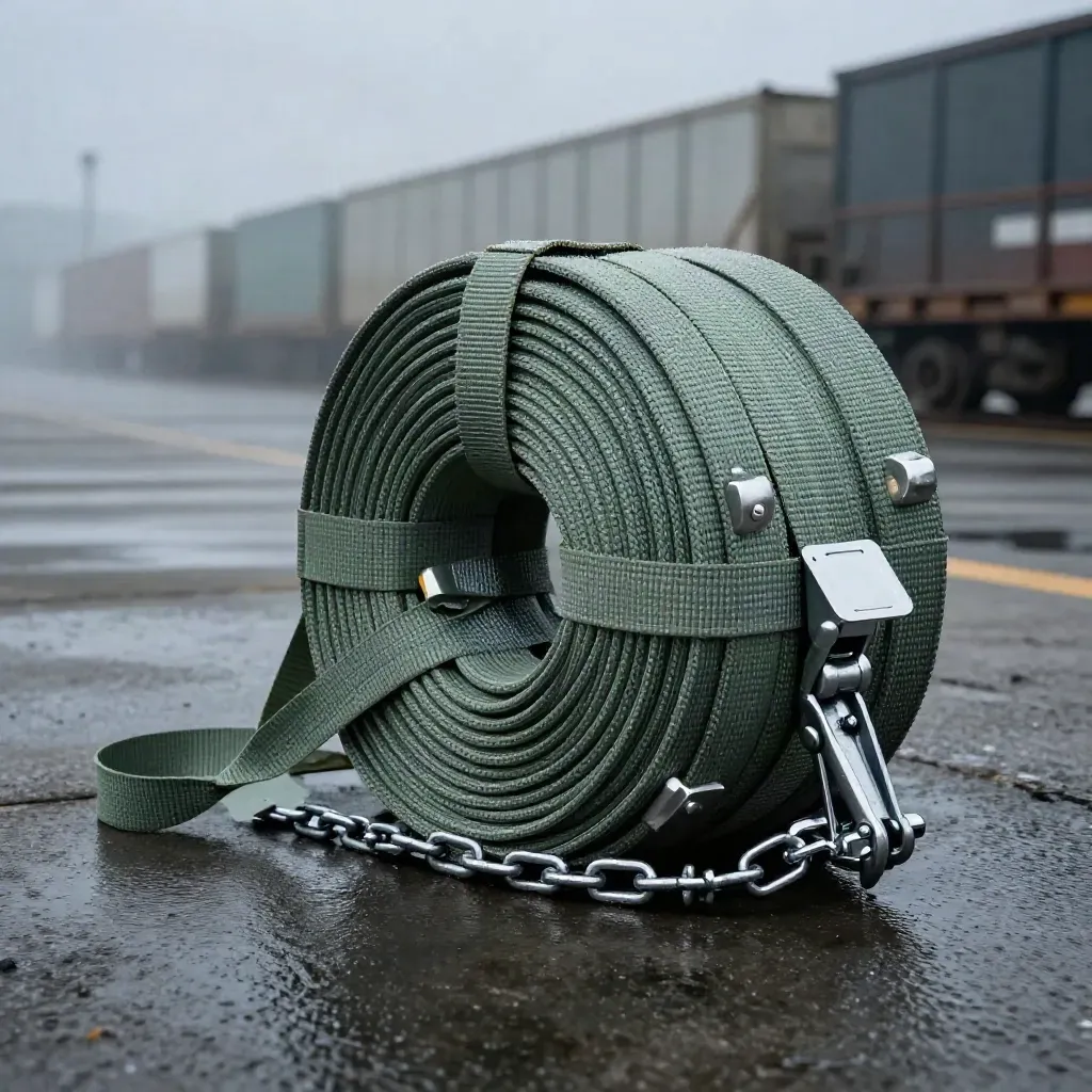 Cargo strap and freight hardware on wet concrete in misty blue hour light