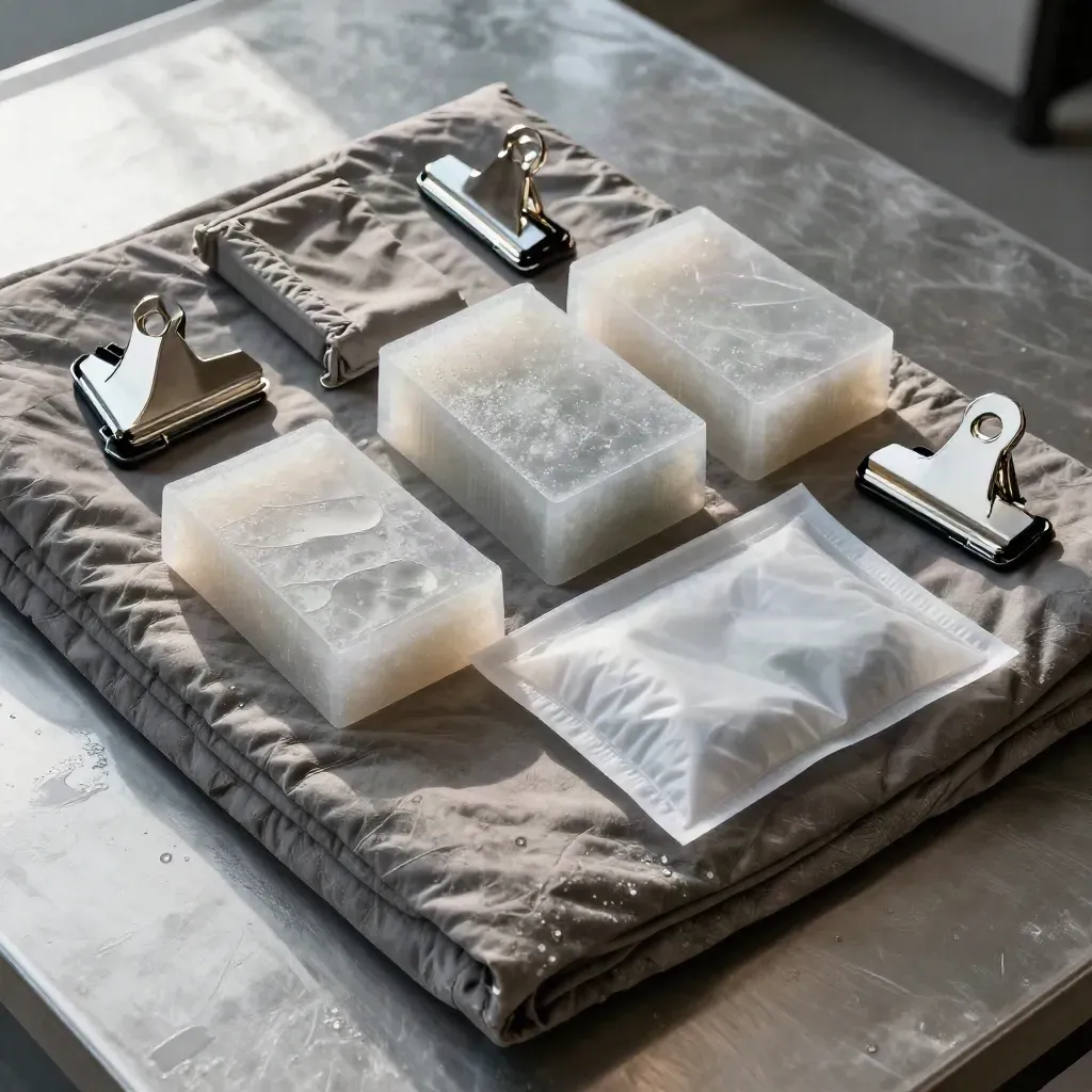 Overhead still life of insulated freight blankets, gel packs, clips, and a chilled cargo seal on brushed metal.