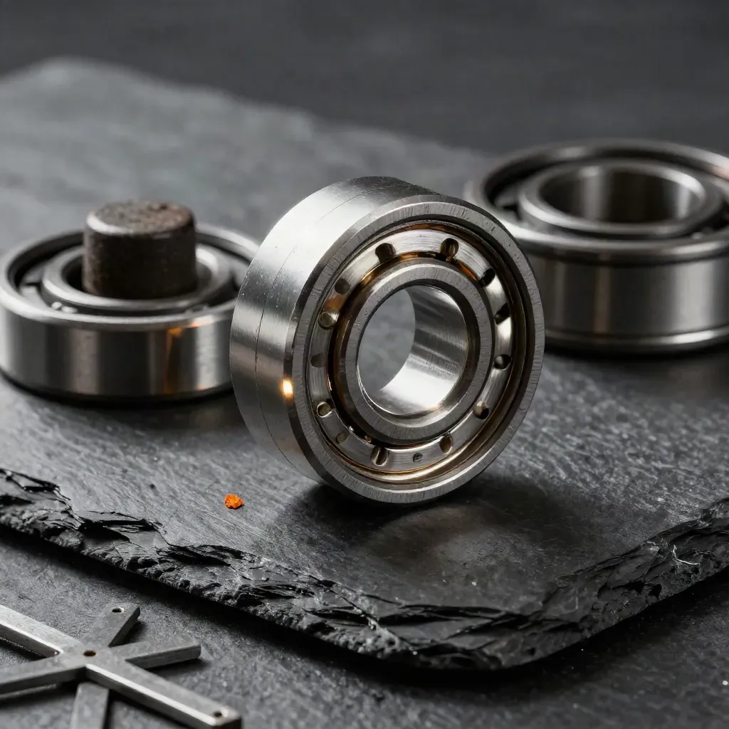 Bearing races, grease cap and torque collar on charcoal slate with workshop haze