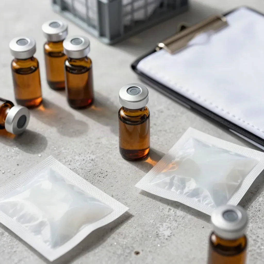 Amber vials, gel packs, and insulated sleeve on pale concrete, top-down cold-chain still life.