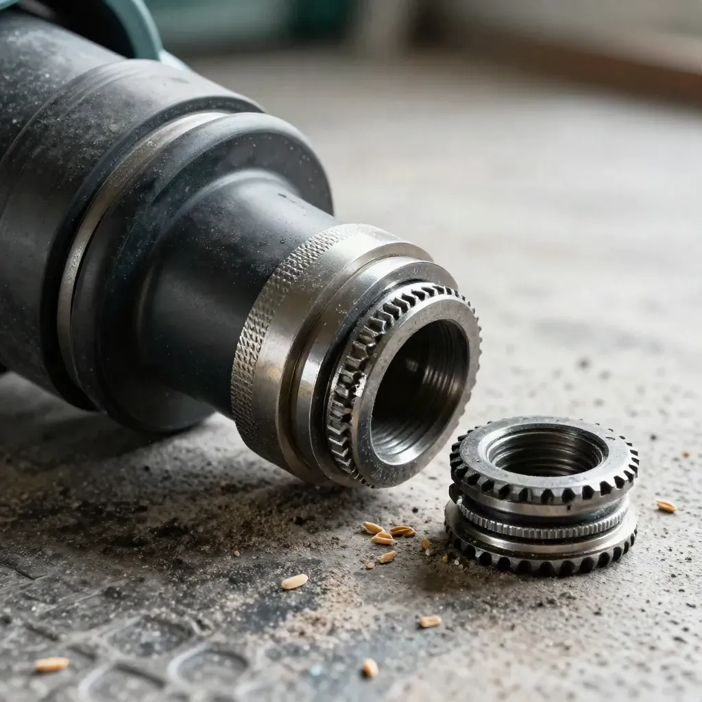 Macro agri-freight coupling parts on a grain-dusted mat with a teal accent