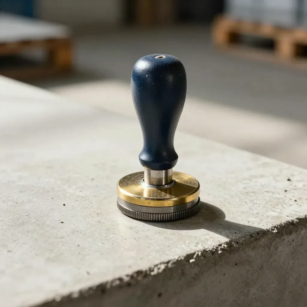 Dispatch stamp pressing a split-ring seal on a brass plate over pale concrete