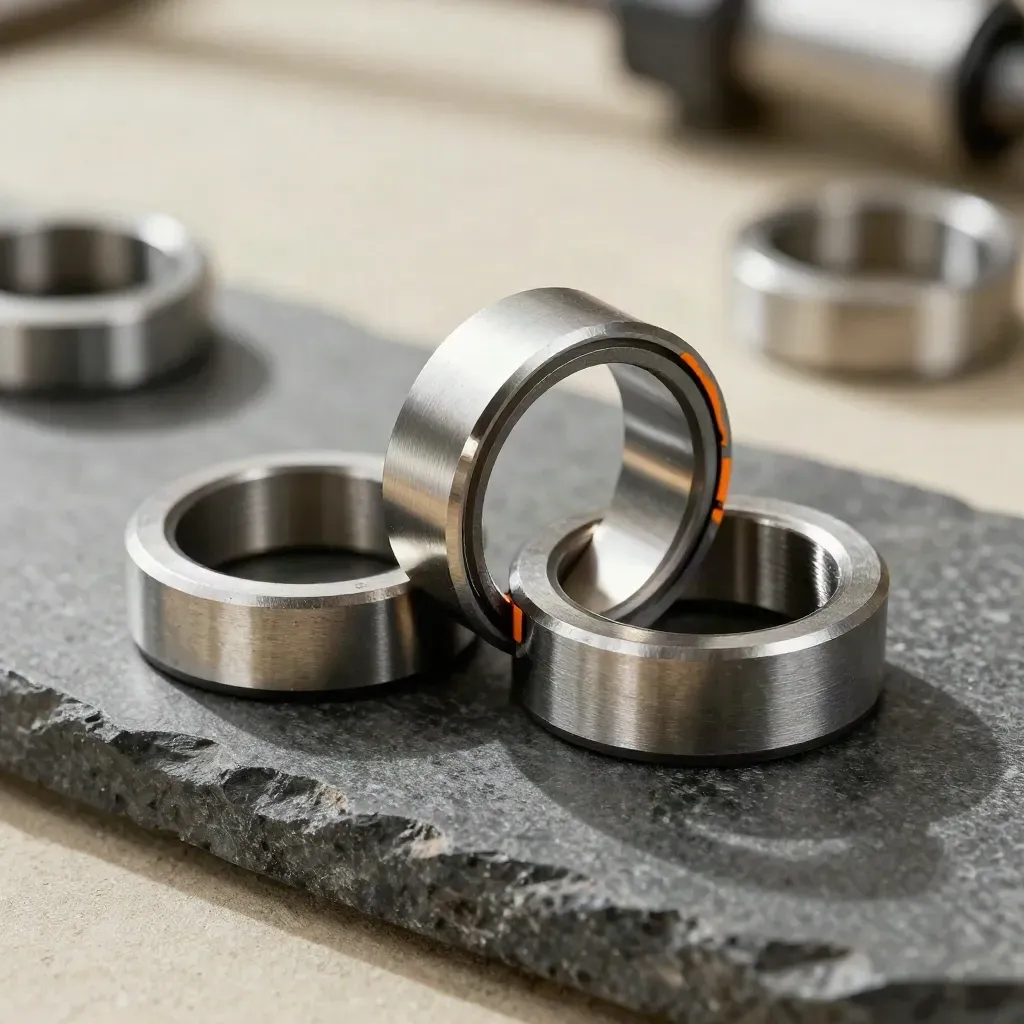 Coupling rings, shims and gauge blocks on stone, one orange locator catching light.