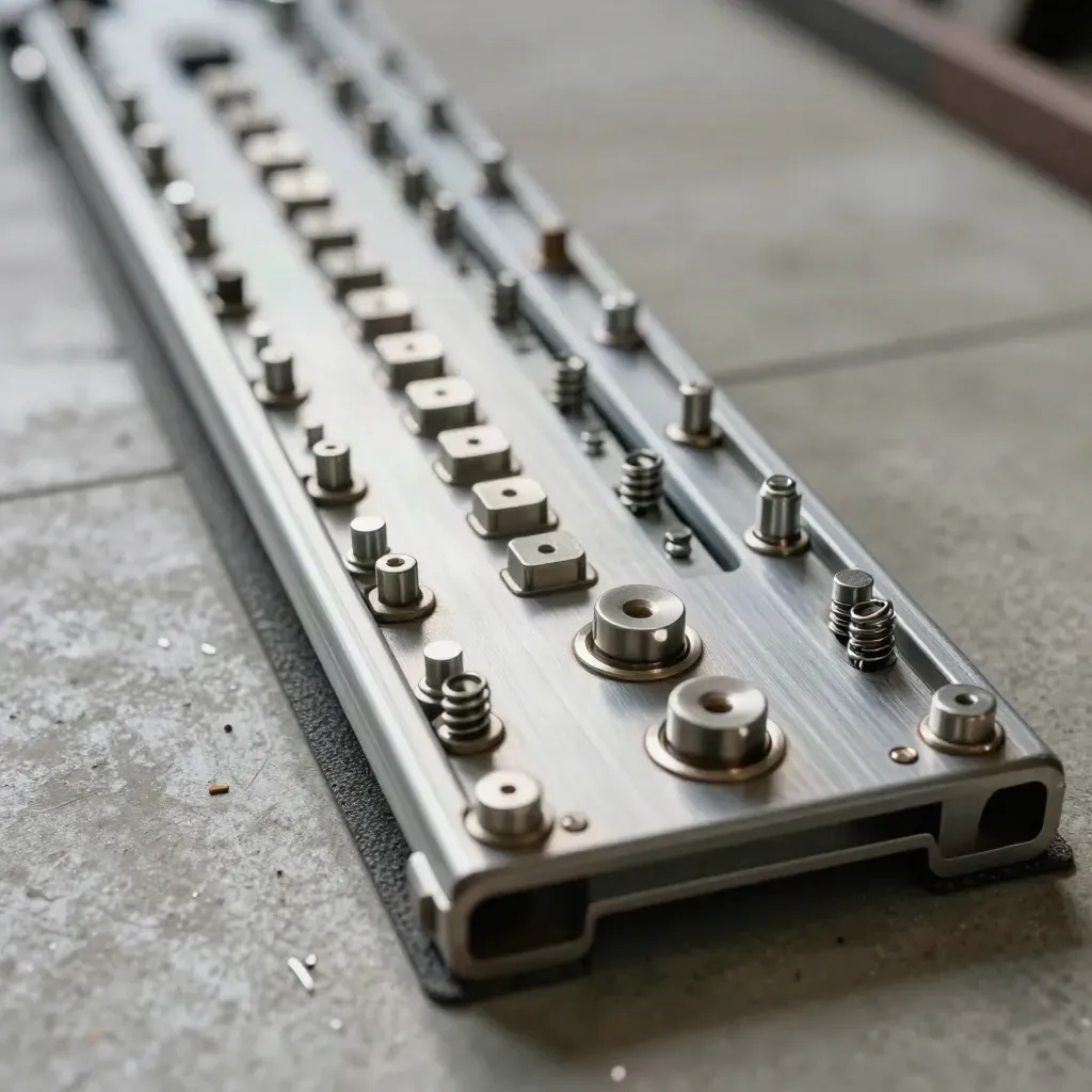 Top-down macro of a magnetic load-board rail with aluminium tabs, clamps and steel markers on concrete