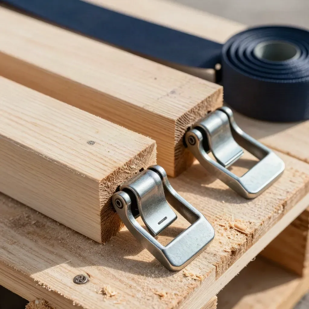 Timber export banding tools on pale wood with sawdust and warm dramatic light