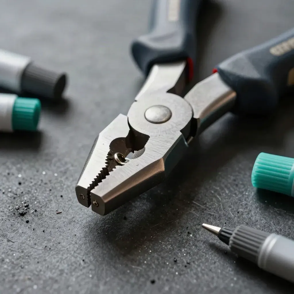 Macro seal pliers closing on a locking loop with cutter and teal tabs on graphite.