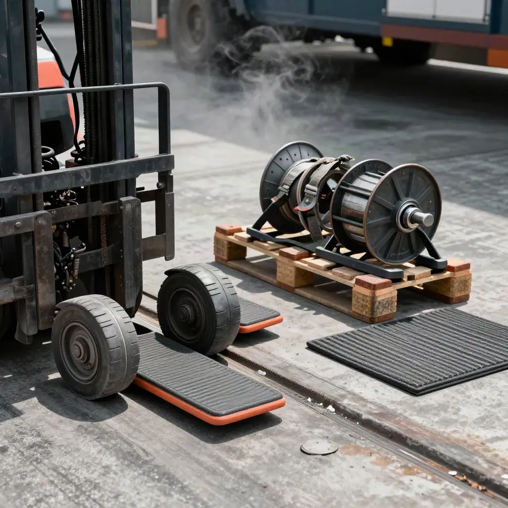 Dockside freight gear—wheel chocks, strap reels, mats and corner protectors through a forklift fork.