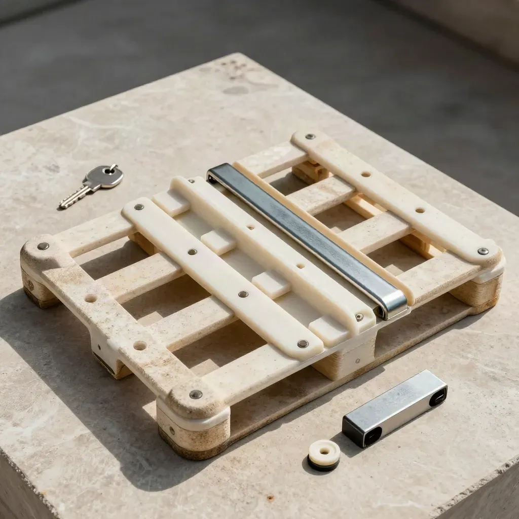 Top-down industrial still life of pallet spacers, tie-down bars, and lane divider wedges on stone.