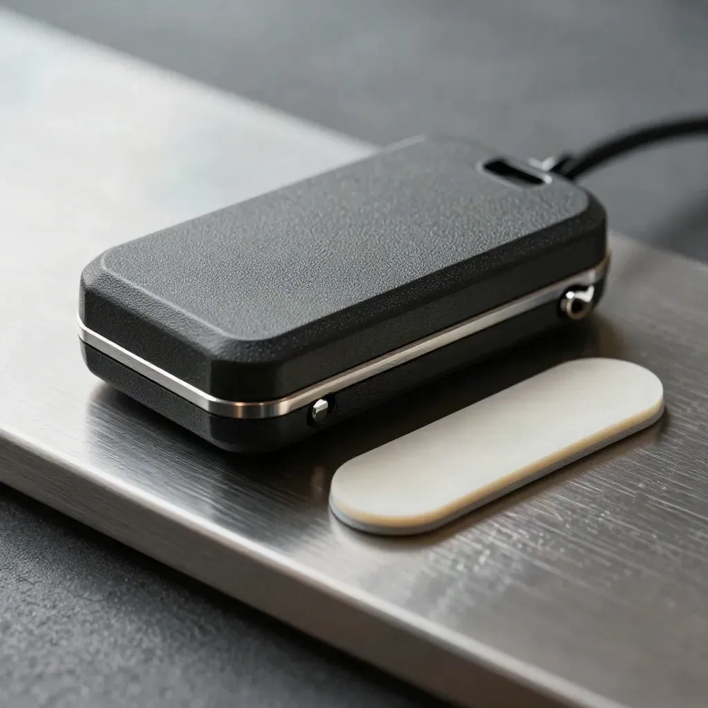 GPS tracker puck with cradle, adhesive pad and courier clip on brushed steel.