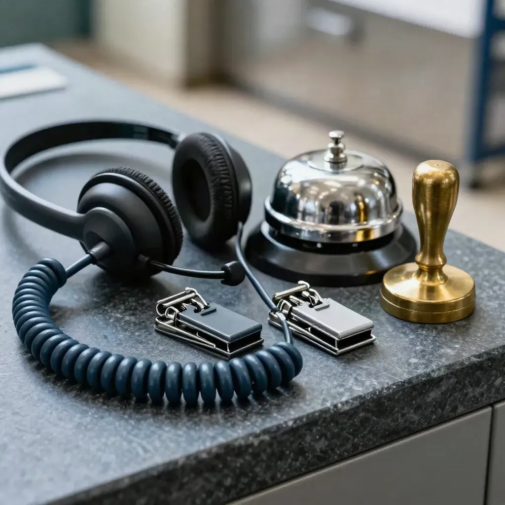 Macro still life of broker tools: headset cradle, call bell, route clips, brass stamp, and cable coil.
