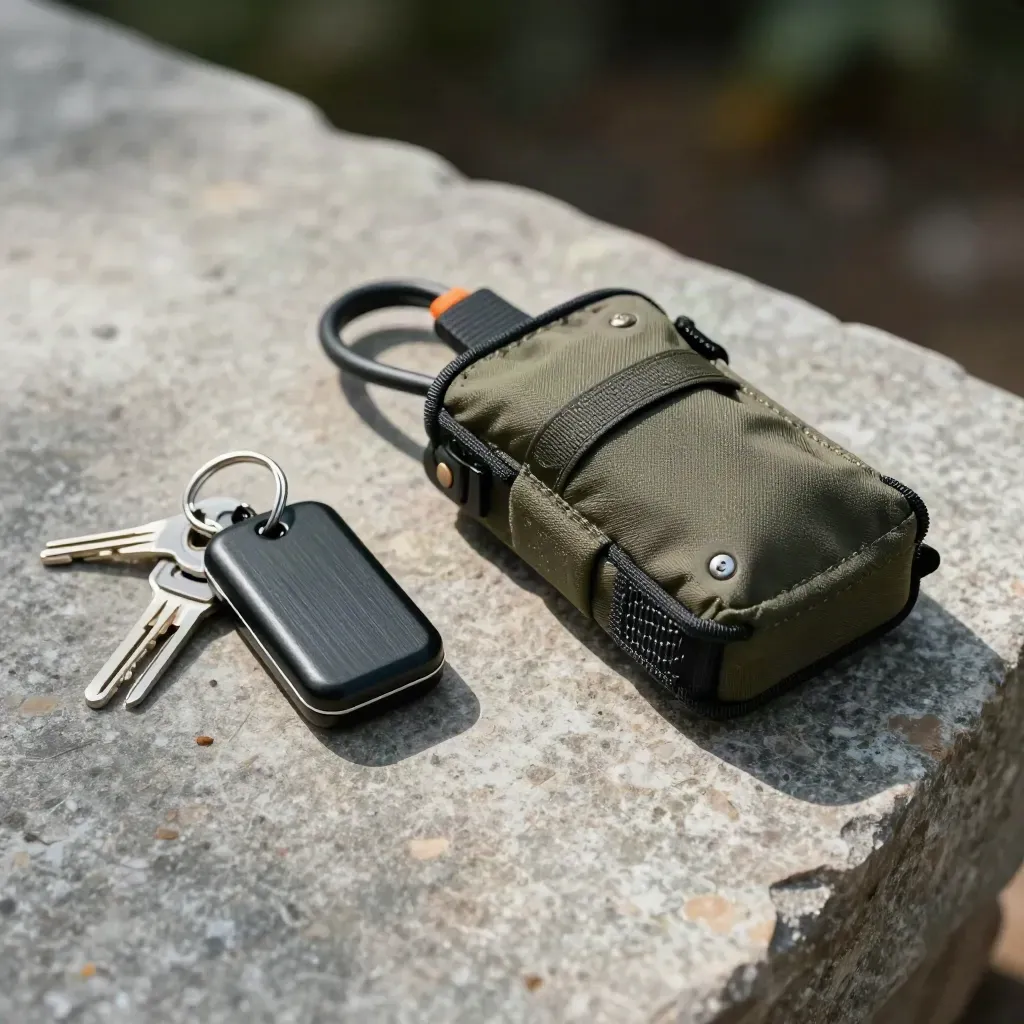 Top-down macro cluster of telematics tracker, key tags, harness, and steel ring on stone.