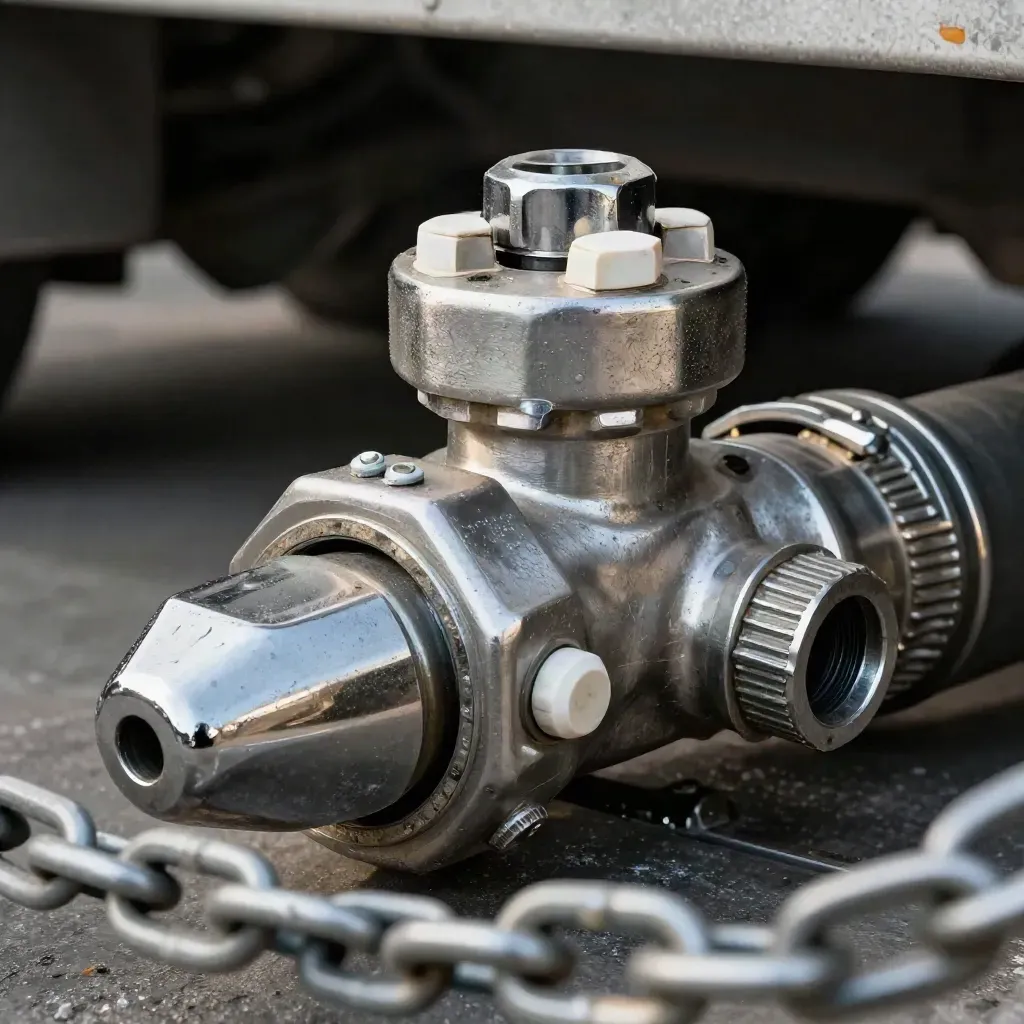 Trailer coupling head, gladhand, tow pin and wheel indicators on brushed steel, shot through a chain.