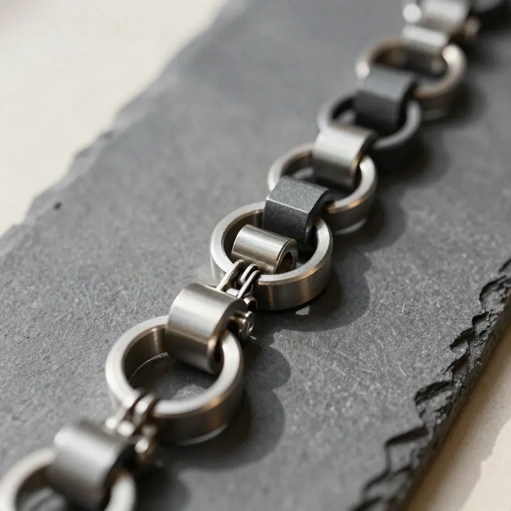 Macro flat lay of interlocking metal connectors and rings on a graphite slab.
