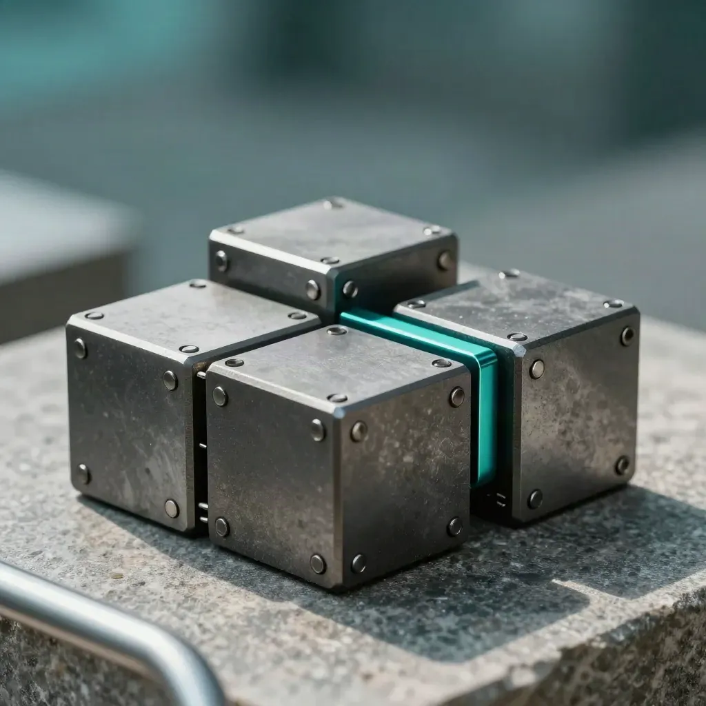 Graphite workflow blocks and teal connector parts locked together on brushed stone.
