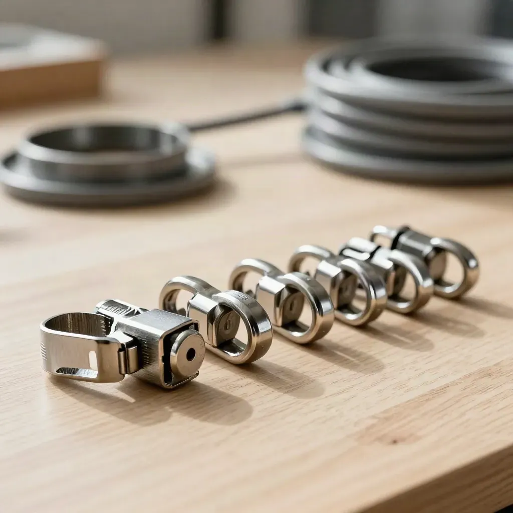 Polished cable ferrules and linked metal loops aligned on pale wood in soft daylight.