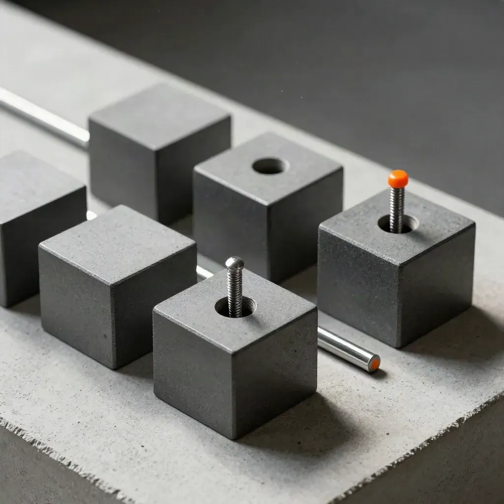 Matte cubes, spacer bars and precision pins aligned on pale concrete in raking light.