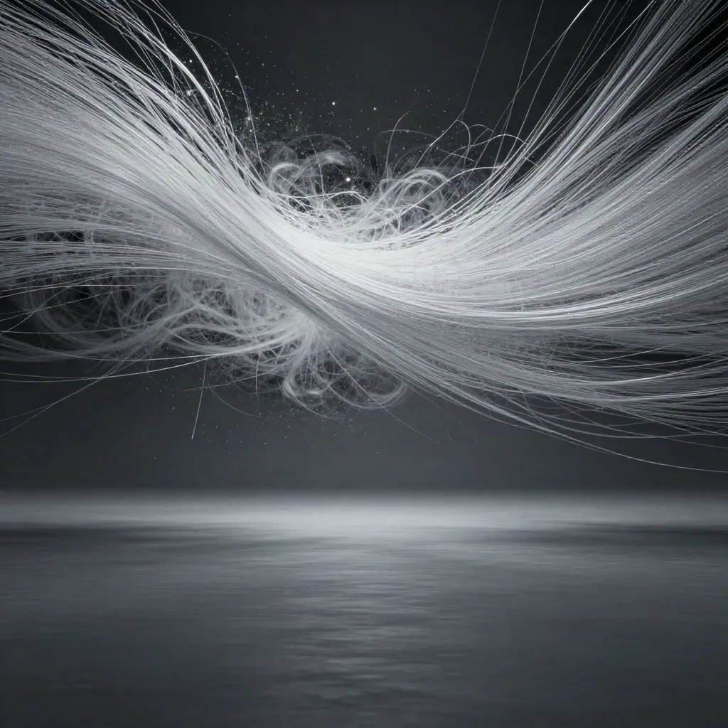 Silver light filaments bloom in graphite haze with open lower space for headline.
